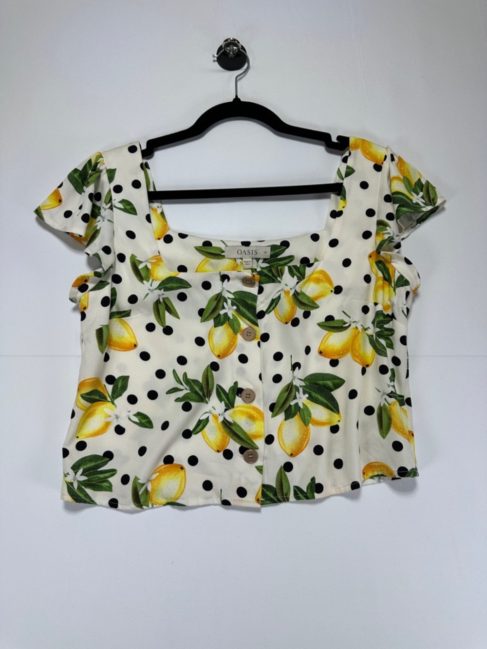 Oasis Lemon Print Crop Top Polka Dot Button Front Blouse Summer UK 10 US 6